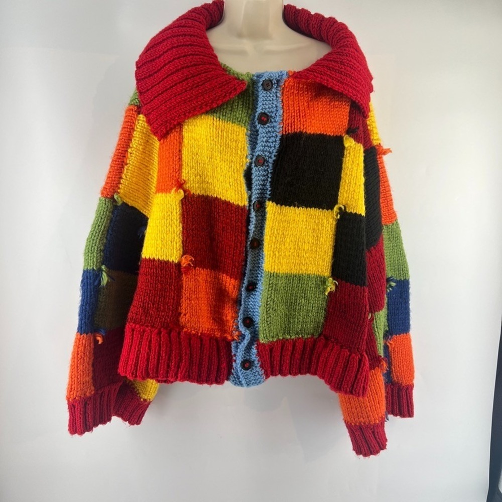 Handmade Patchwork Cardigan Chunky Colorblock Knit Sweater OVERSIZED Vintage OS